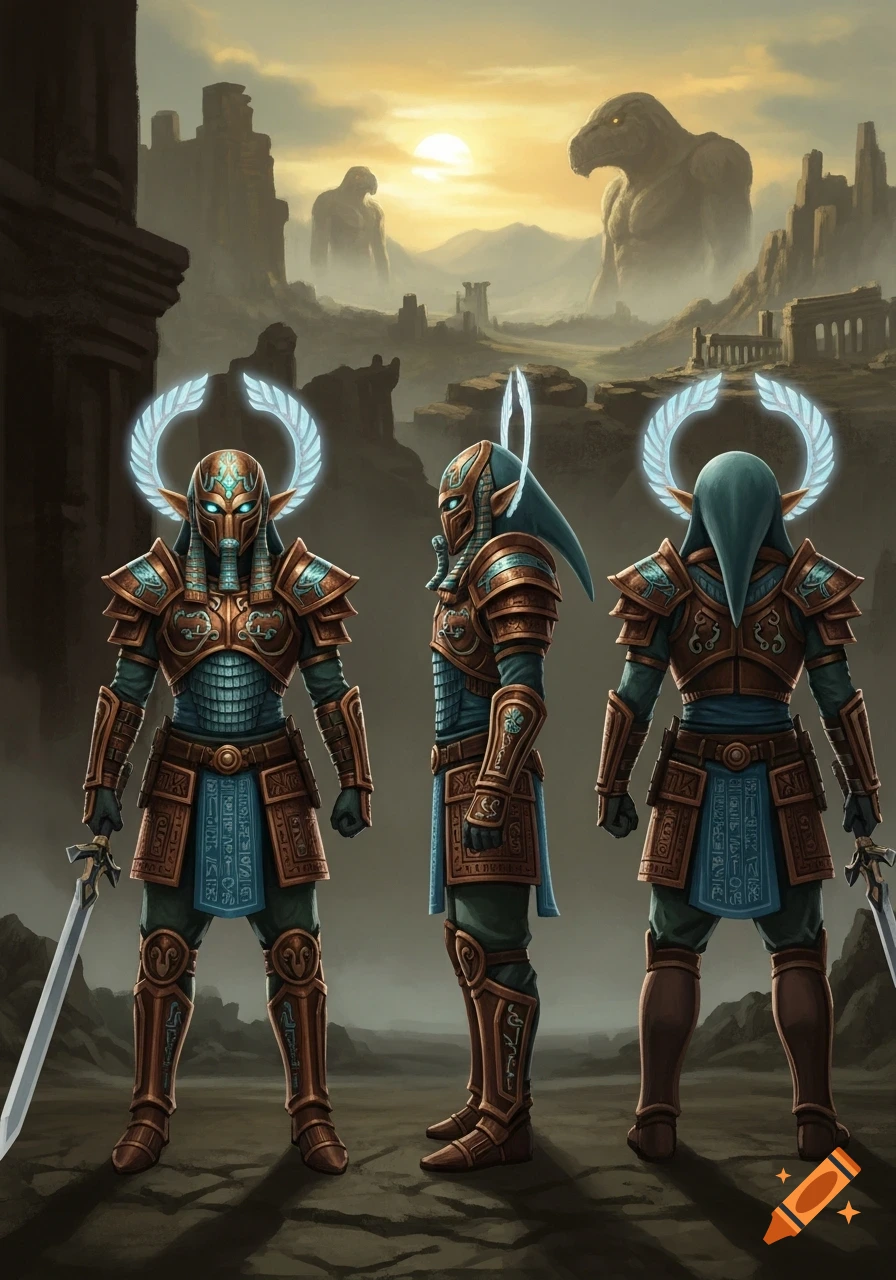 Three armored figures in ancient Egyptian-inspired gear, shown in front, side, and back profiles against a ruined landscape with giant statues and a sunset.
