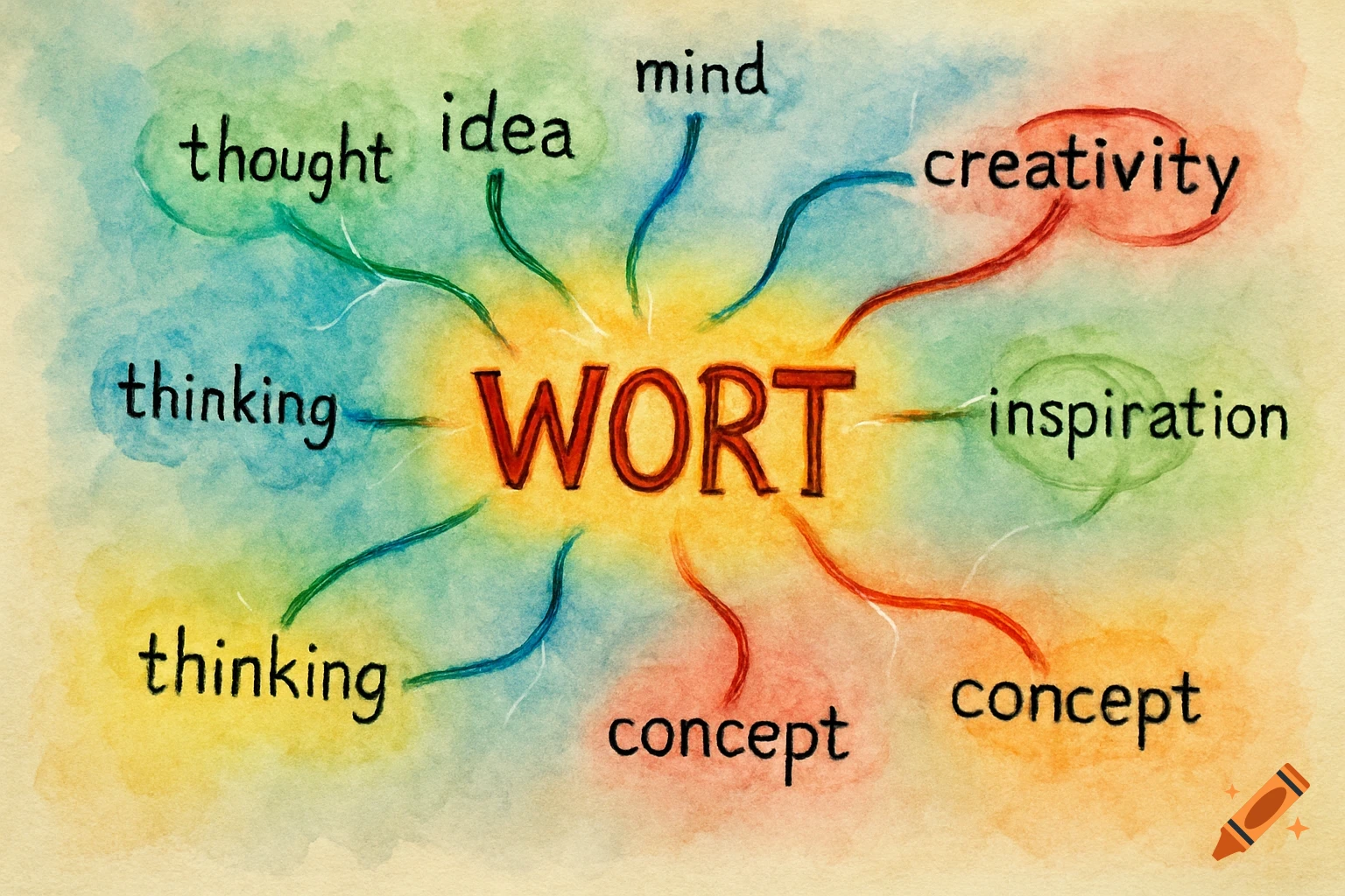 A watercolor mind map illustration with the word "WORT" at the center, surrounded by branching words like "thought," "idea," "mind," "creativity," "inspiration," "concept," and "thinking."