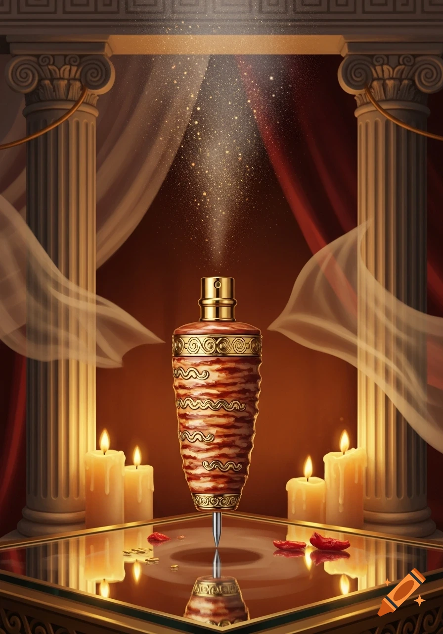 An ornate perfume bottle with a kebab-like pattern, surrounded by Roman pillars, draped fabric, and lit candles, with golden glitter.
