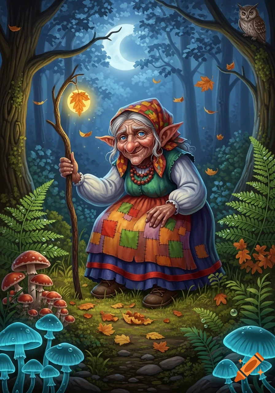 Whimsical illustration of an old, gnarled woman with pointy ears holding a glowing leaf staff in an enchanted forest with an owl and glowing mushrooms.