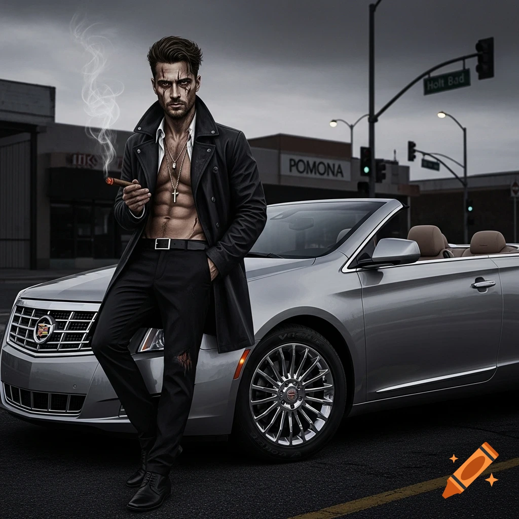 A handsome man with scars, wearing a black trench coat over an open shirt, smoking a cigar while leaning on a silver convertible car on a street.