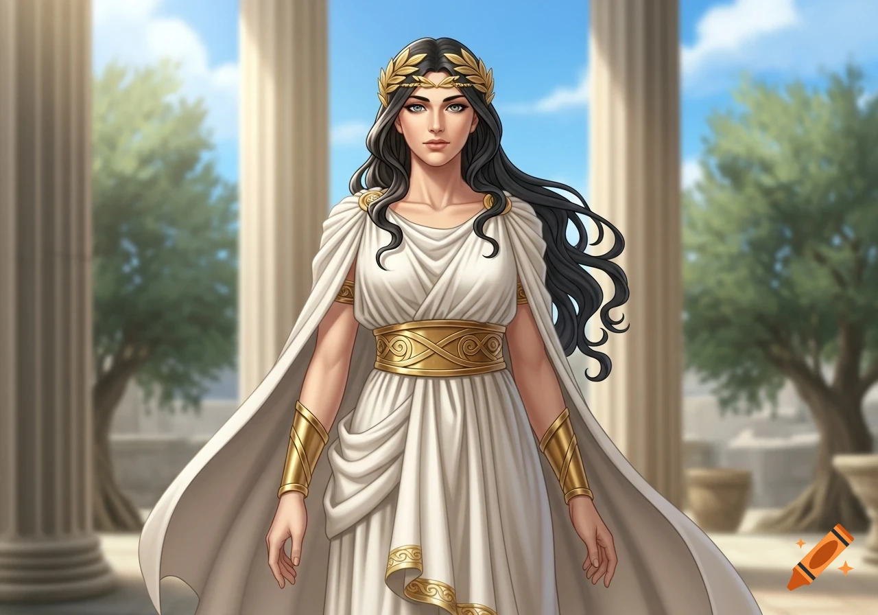 An illustration of an ancient Greek queen with dark hair and a gold laurel wreath, wearing a white chiton and gold armbands, standing among columns.