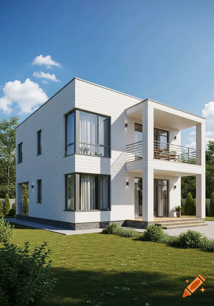 Modern white two-story house with large windows, a balcony, and a covered patio, on a green lawn under a blue sky.