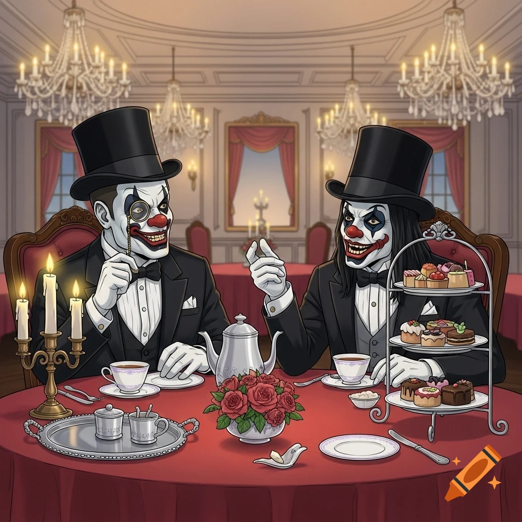 Two clowns in tuxedos and top hats having a fancy tea party in a luxurious room, one with a monocle.