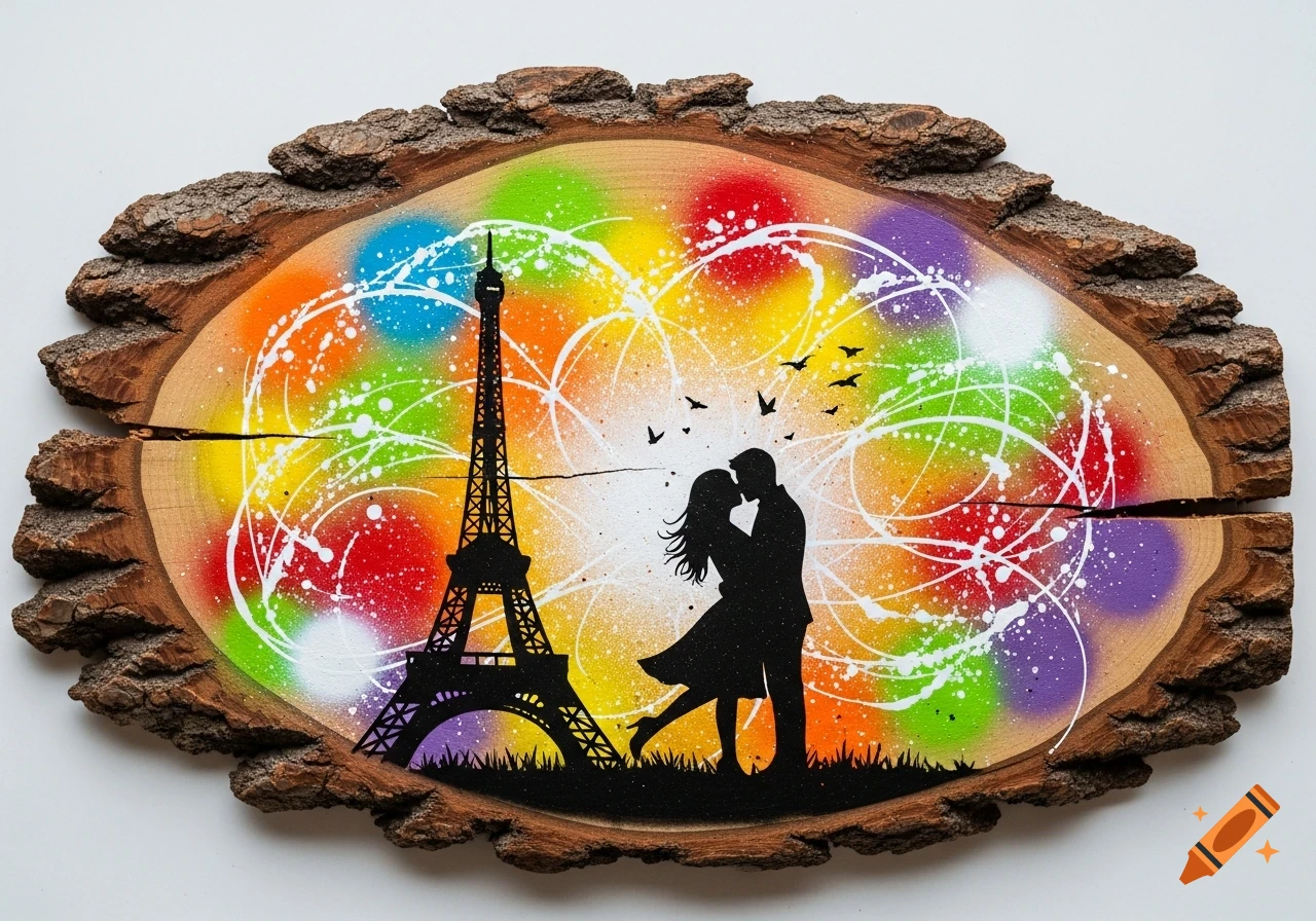 Silhouette of a couple kissing in front of the Eiffel Tower on a rustic wood slice, against a vibrant, spray-painted rainbow background.