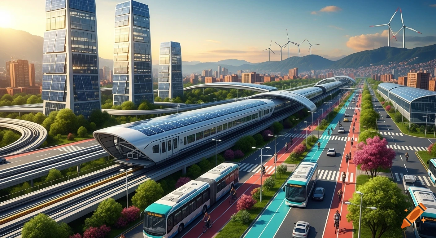A vibrant, futuristic city with a modern metro train covered in solar panels, electric buses, dedicated bike lanes with cyclists, and tall buildings adorned with solar panels. Wind turbines are visible in the background against mountains and a bright sky.