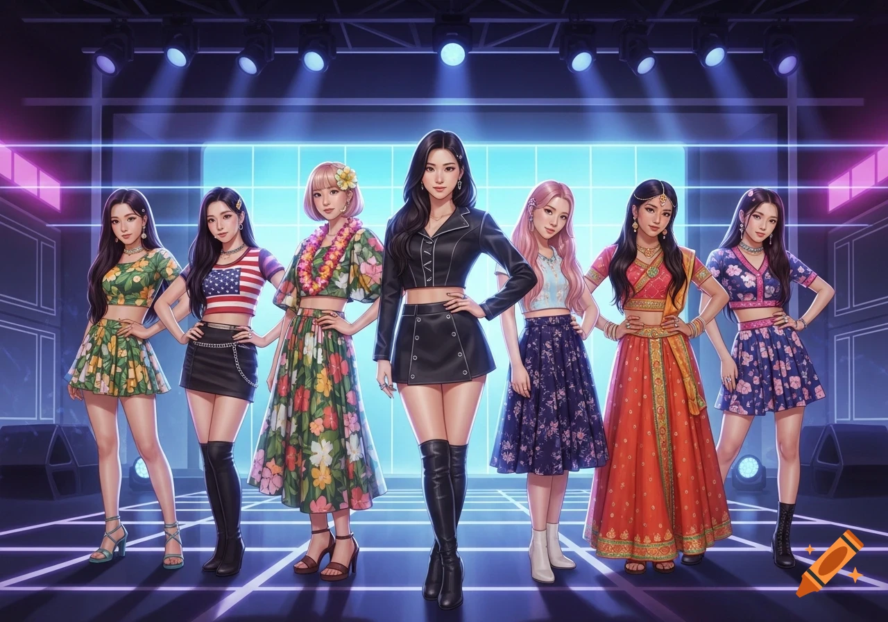 Six animated women in diverse cultural outfits pose on a neon-lit stage in a digital art style.