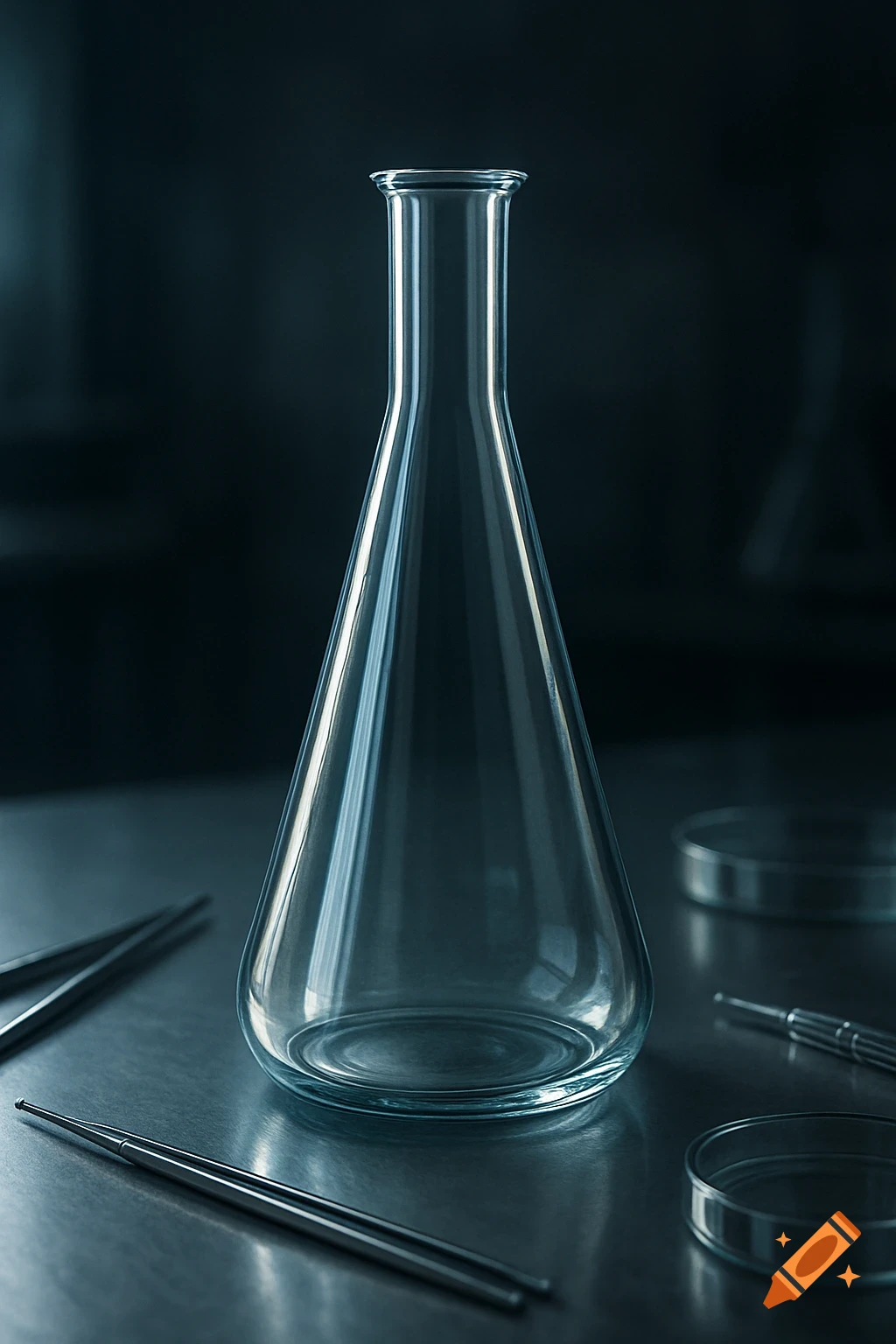 A clear glass Erlenmeyer flask stands on a metallic surface, flanked by scientific tools and petri dishes in a dimly lit lab.