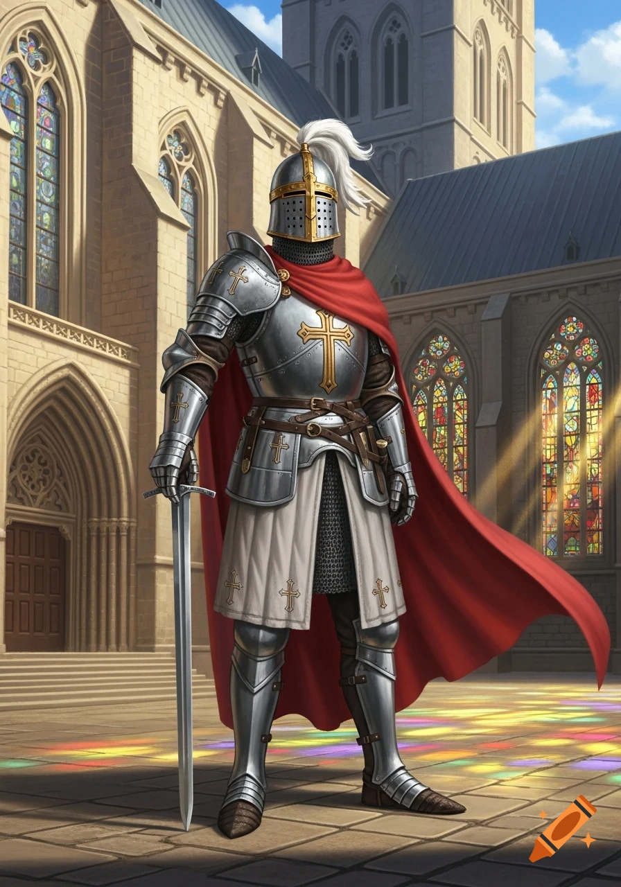 A knight in full silver armor with a red cape and sword stands before a Gothic church with stained glass windows.