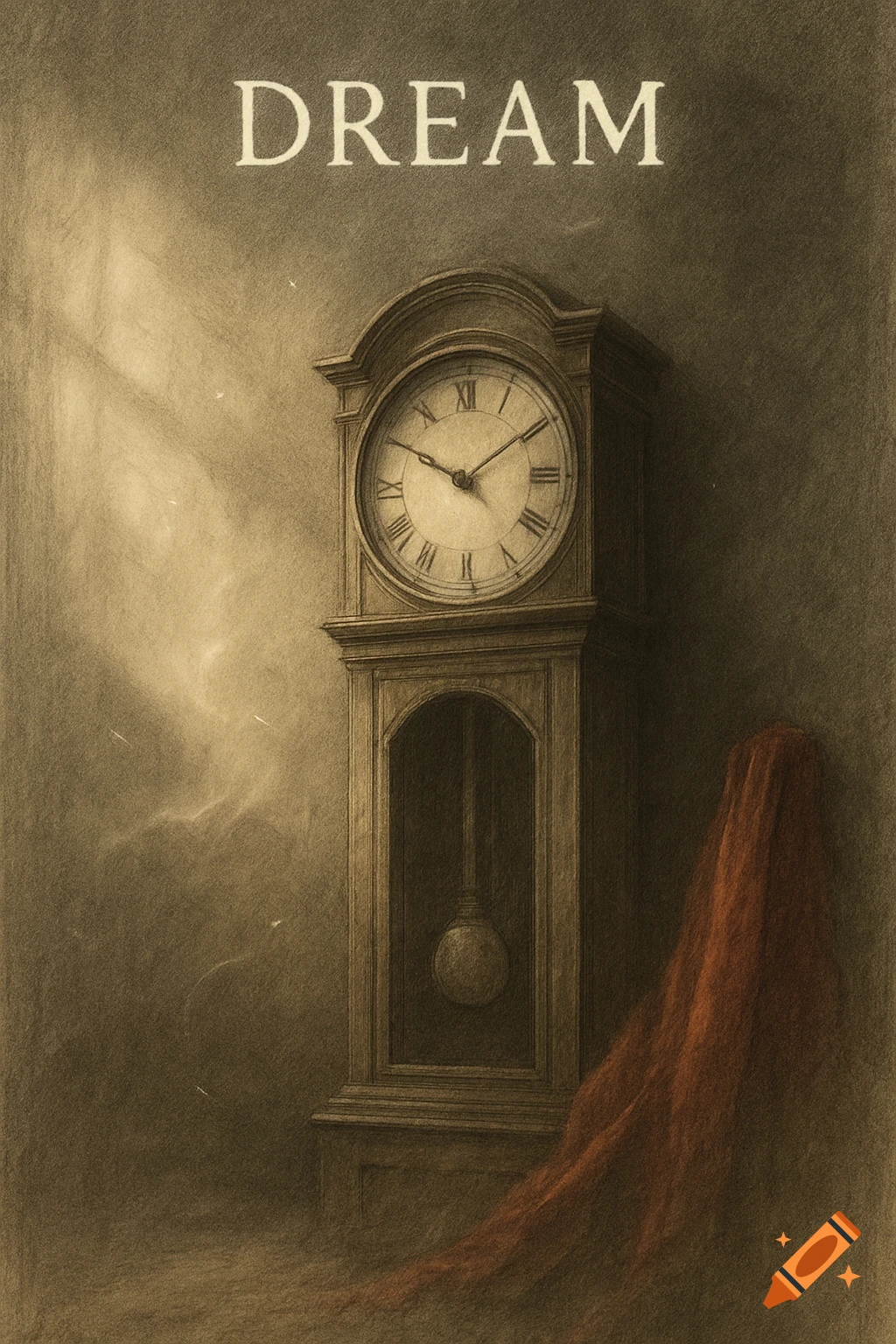 A sepia-toned, pencil-drawn style illustration featuring a tall grandfather clock with a pendulum, under soft side lighting, with a red cloth draped beside it. The word "DREAM" is centered above the clock.