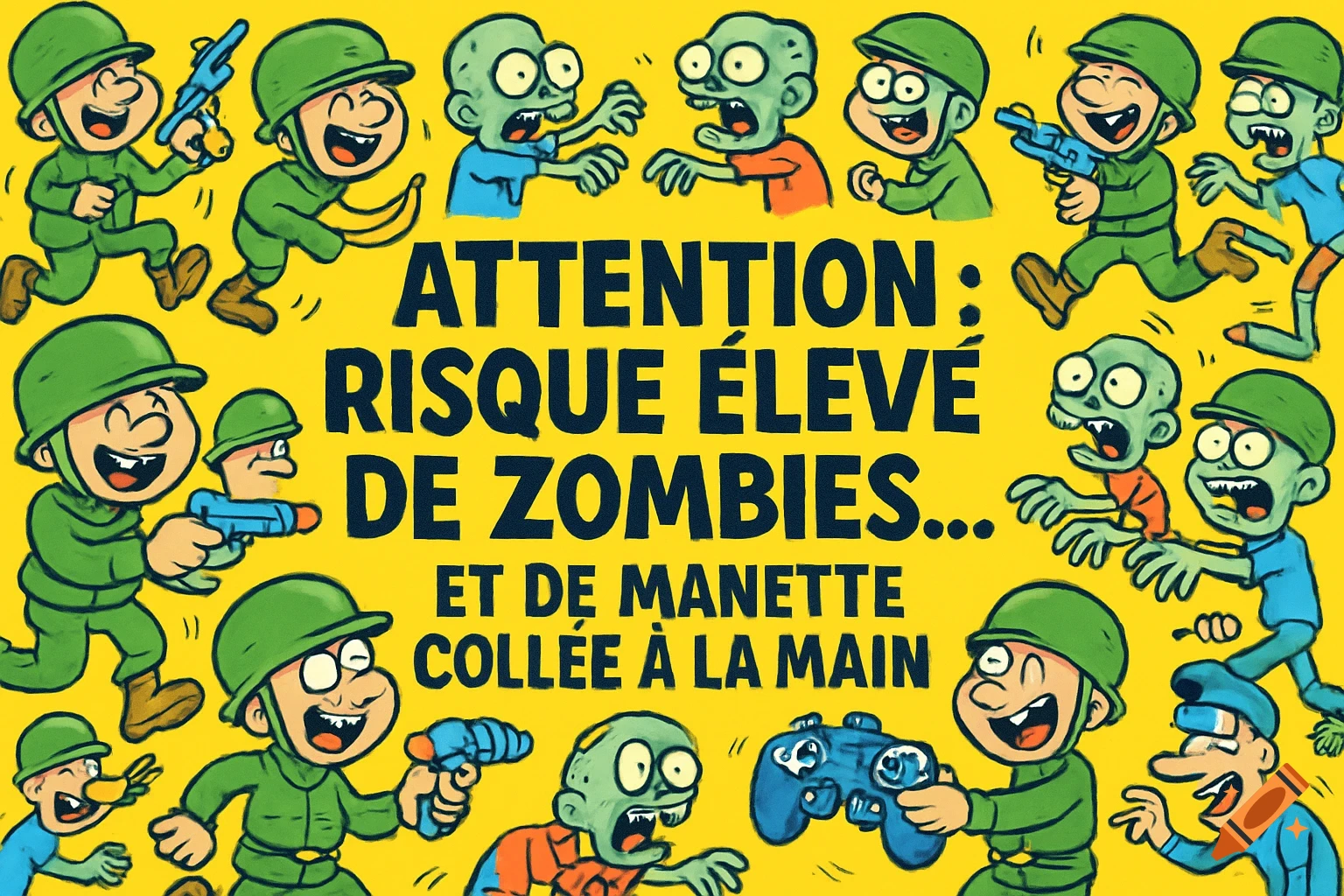 Humorous cartoon of soldiers and funny zombies with absurd weapons and a game controller, with French text warning of high zombie risk.