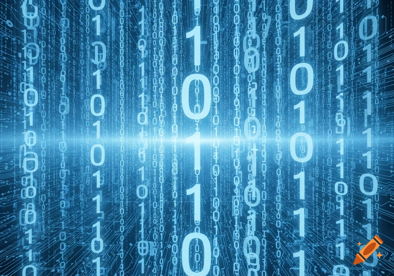 Glowing blue binary digits (0s and 1s) forming a digital matrix with circuit board patterns.