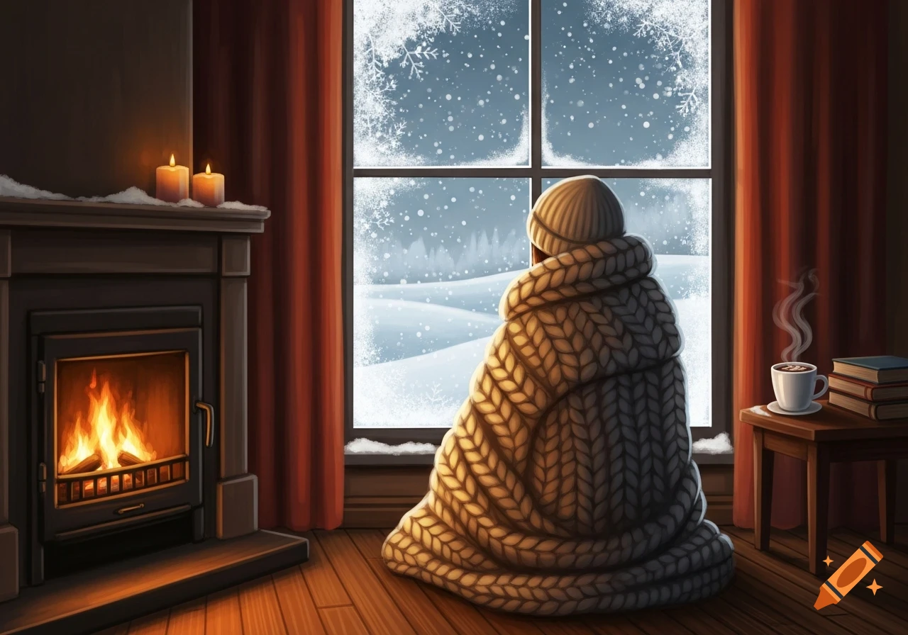 Illustration of a person in a knit blanket by a fireplace, looking at a snowy window, with a steaming mug and books.