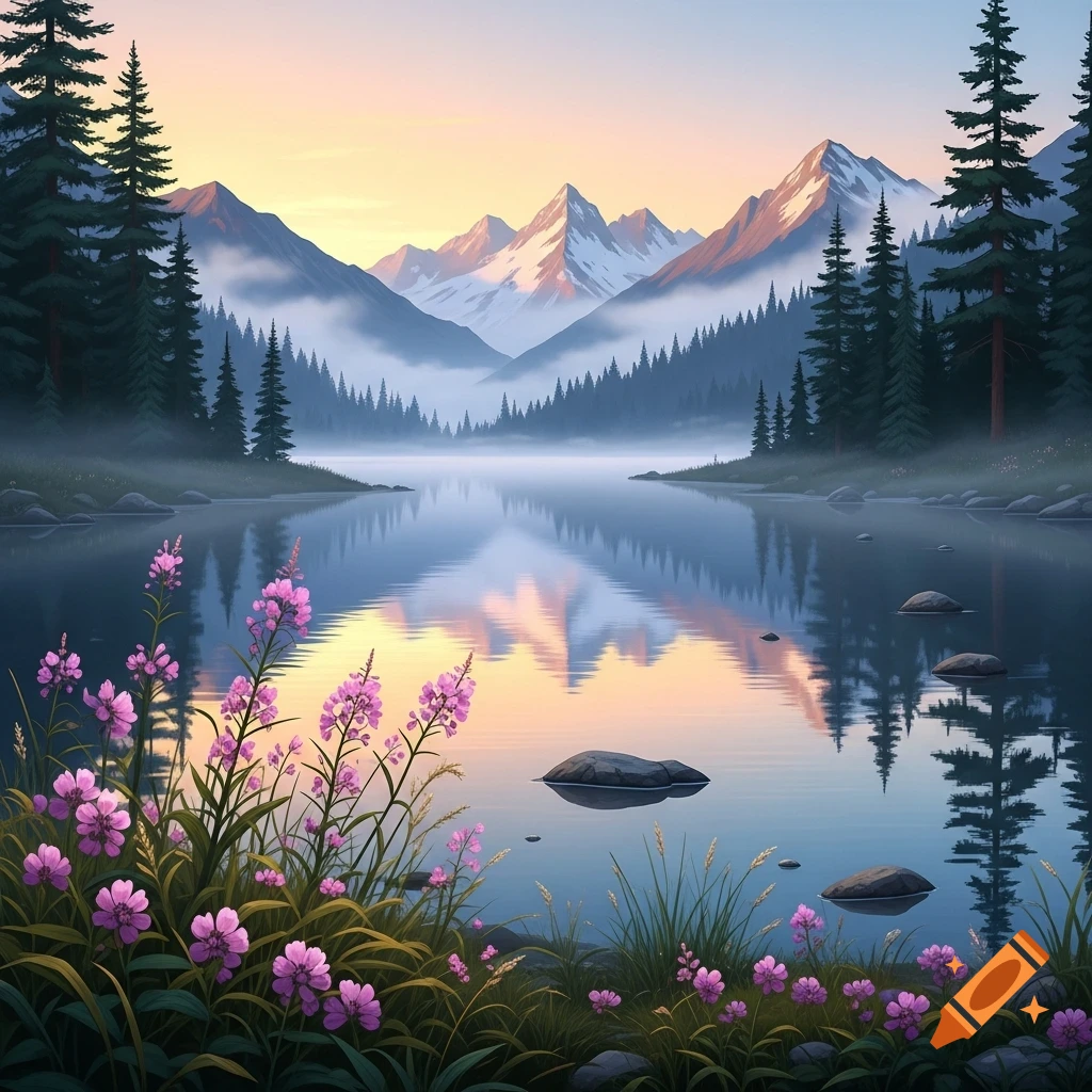 A serene lake reflects snow-capped mountains and a pastel sky at dawn or dusk, with pine trees and pink wildflowers in the foreground.