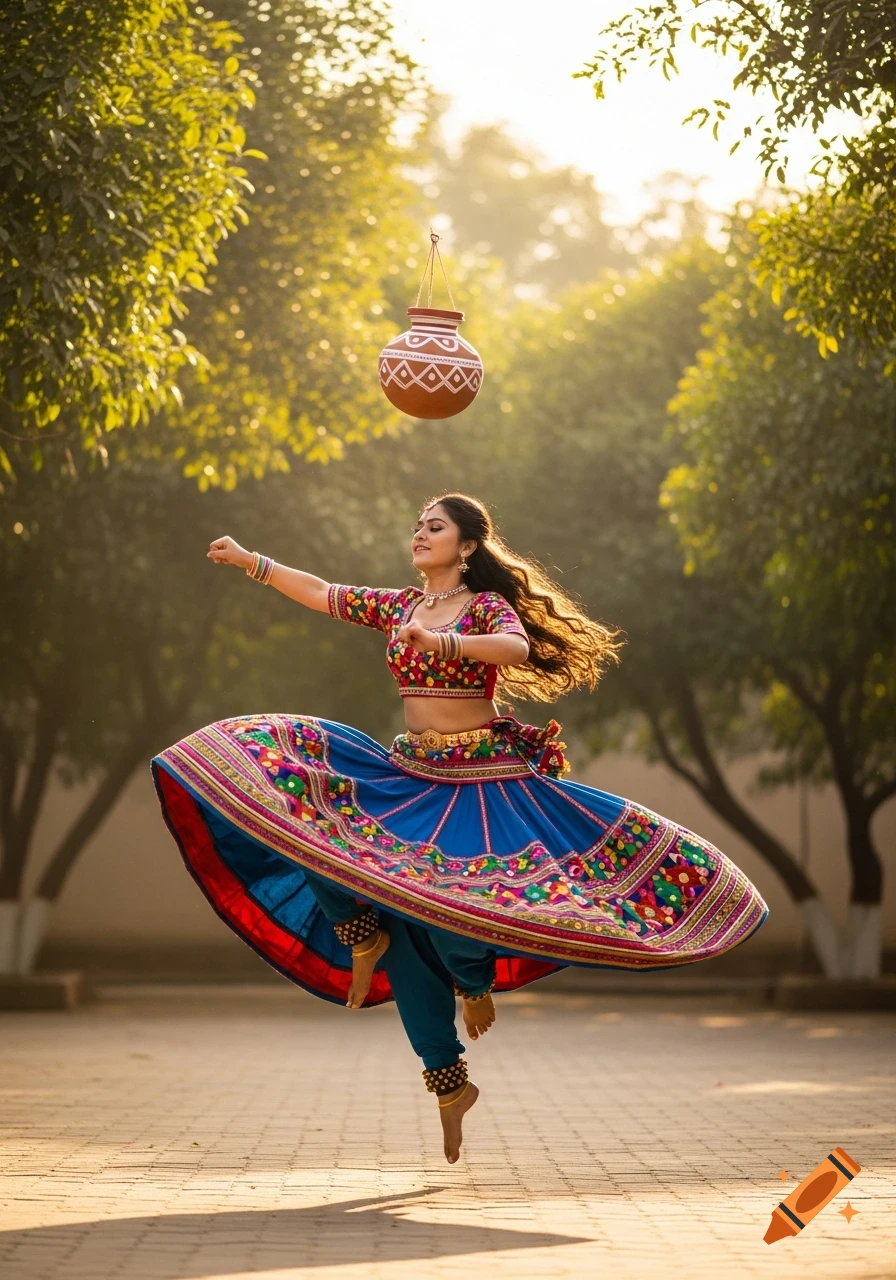 An Indian woman in a vibrant blue and red traditional dress leaps while dancing outdoors, with a decorated clay pot hanging above.
