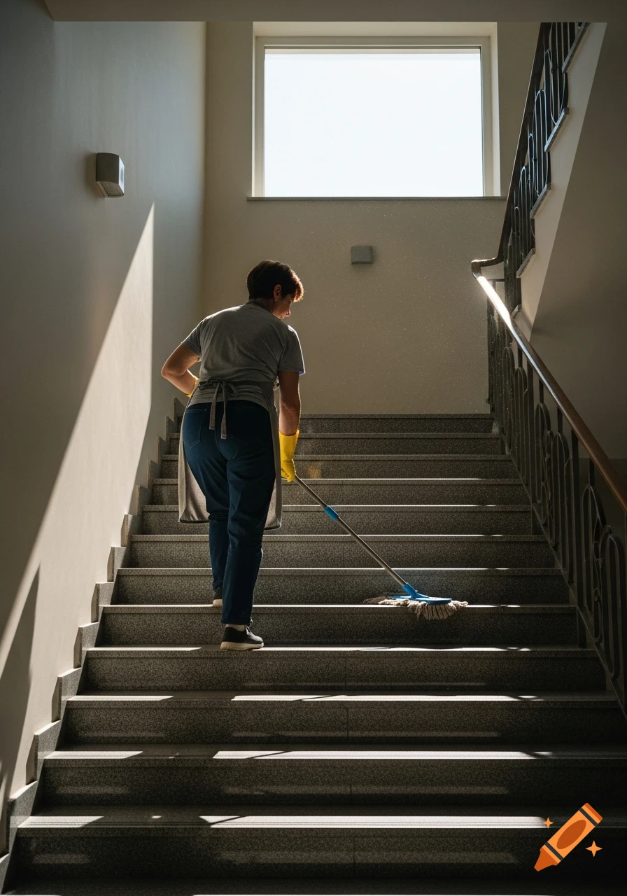 Photorealistic image of a middle-aged woman mopping grey stone stairs in a sunlit stairwell, wearing an apron and yellow gloves.