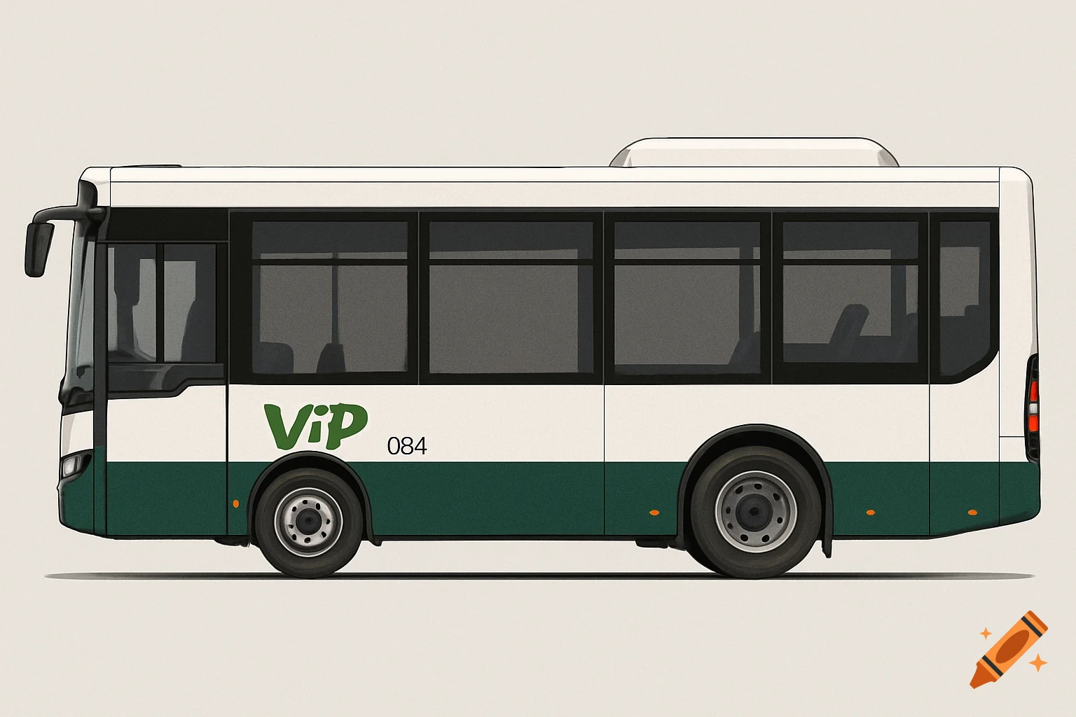 Side profile illustration of a modern white and dark green city bus with "ViP 084" on its side, against a light background.