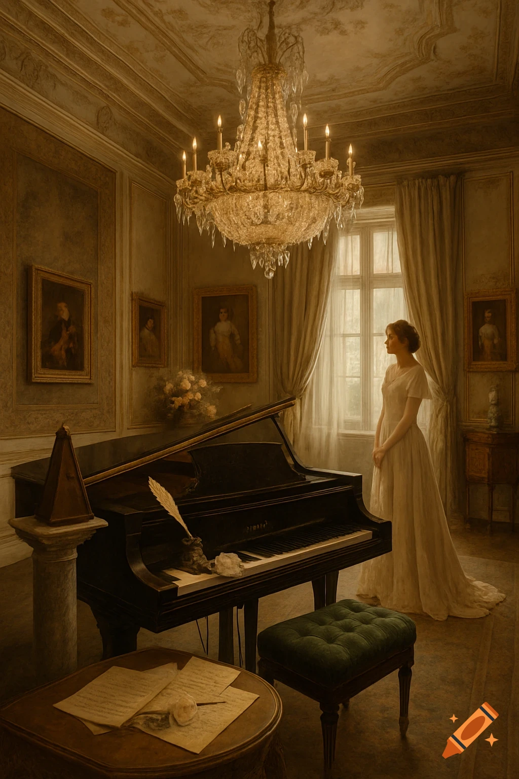 A young woman in a long white dress stands beside a grand piano in an opulent, dimly lit room with a crystal chandelier and framed portraits. Photorealistic style.
