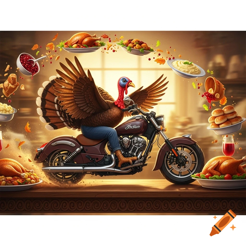 A whimsical turkey in blue pants rides an Indian motorcycle on a table, surrounded by flying Thanksgiving dishes.
