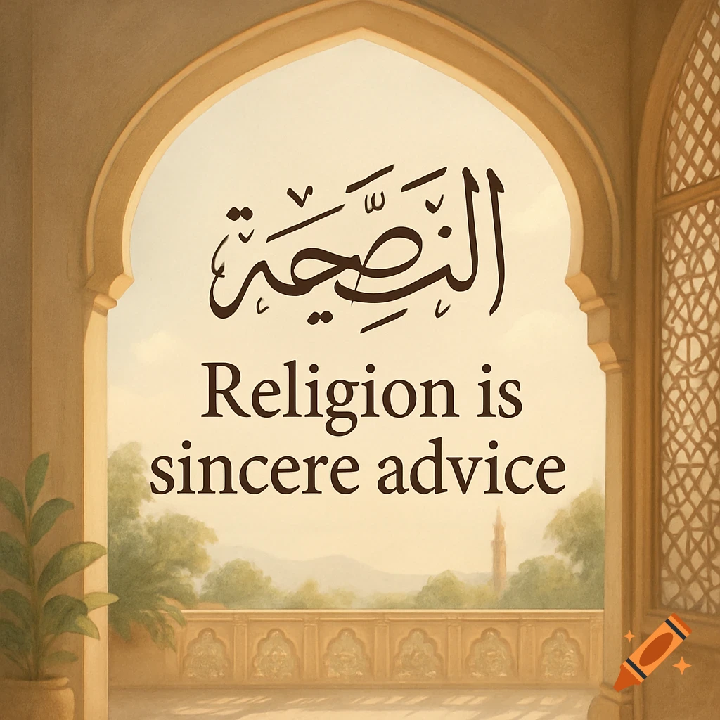 Arabic calligraphy and English text "Religion is sincere advice" within an arched doorway, with an oriental garden and building in the background.