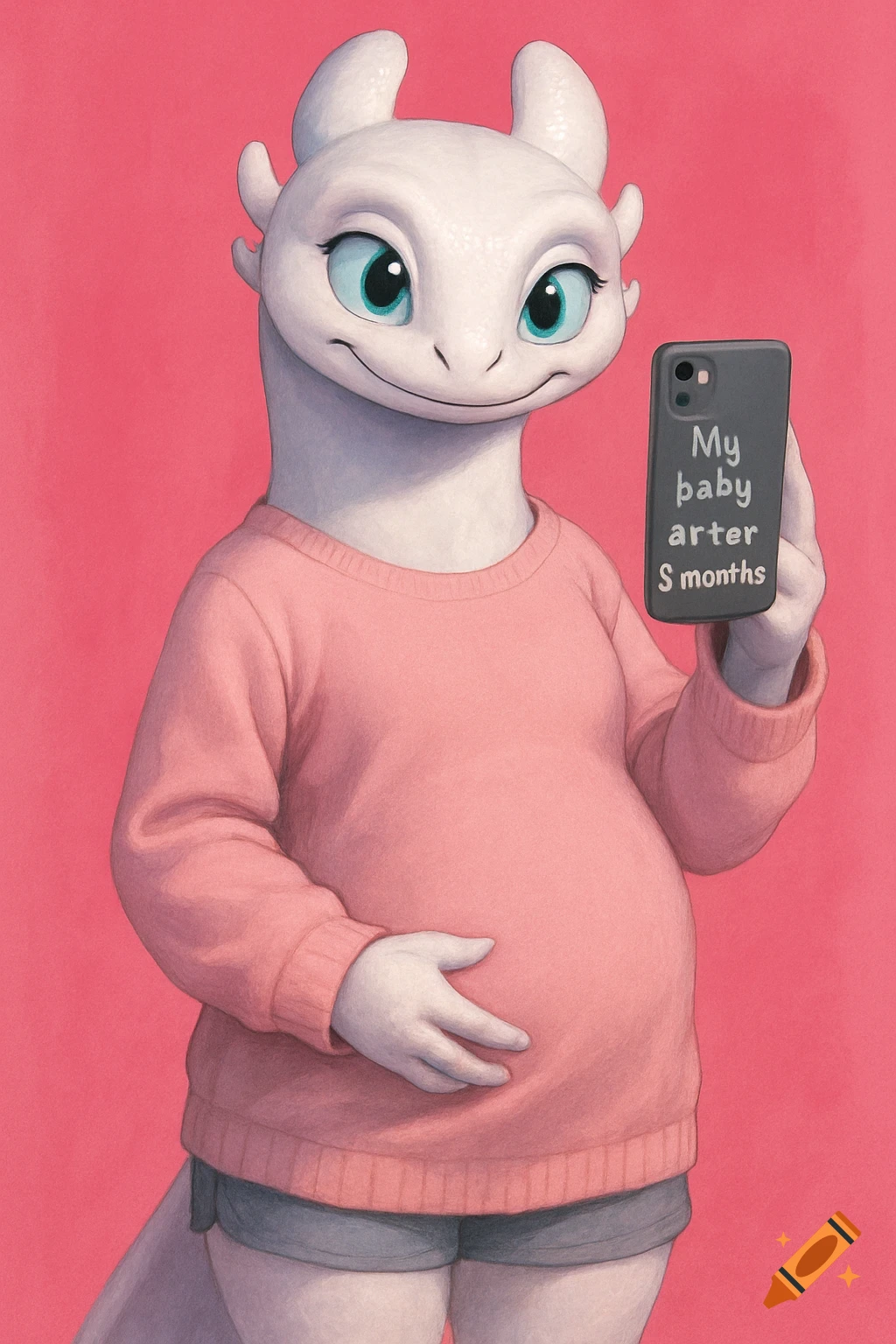 A cartoon Light Fury with a humanoid body, pregnant and wearing a pink sweater, takes a selfie against a pink background.