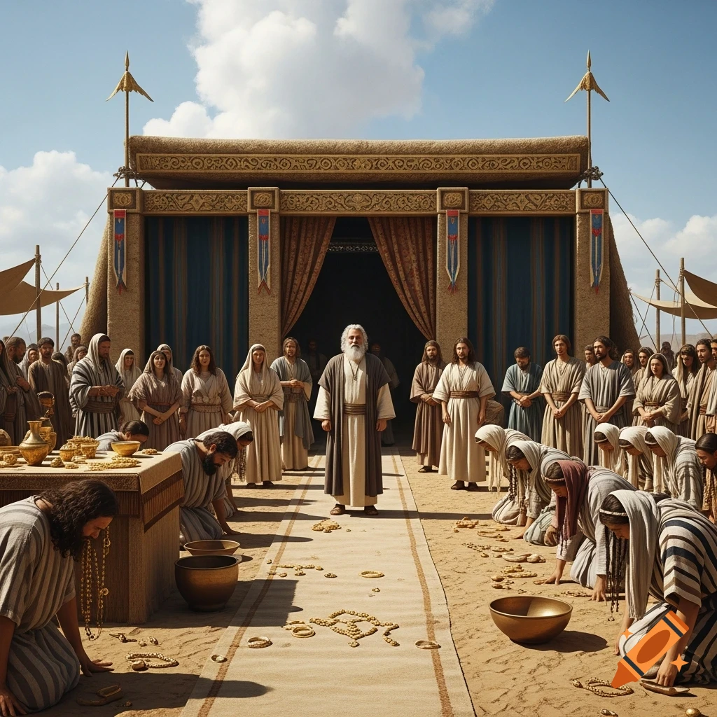 A photorealistic scene showing Moses with a white beard before a decorated tabernacle, surrounded by people prostrating and scattering gold in the desert.