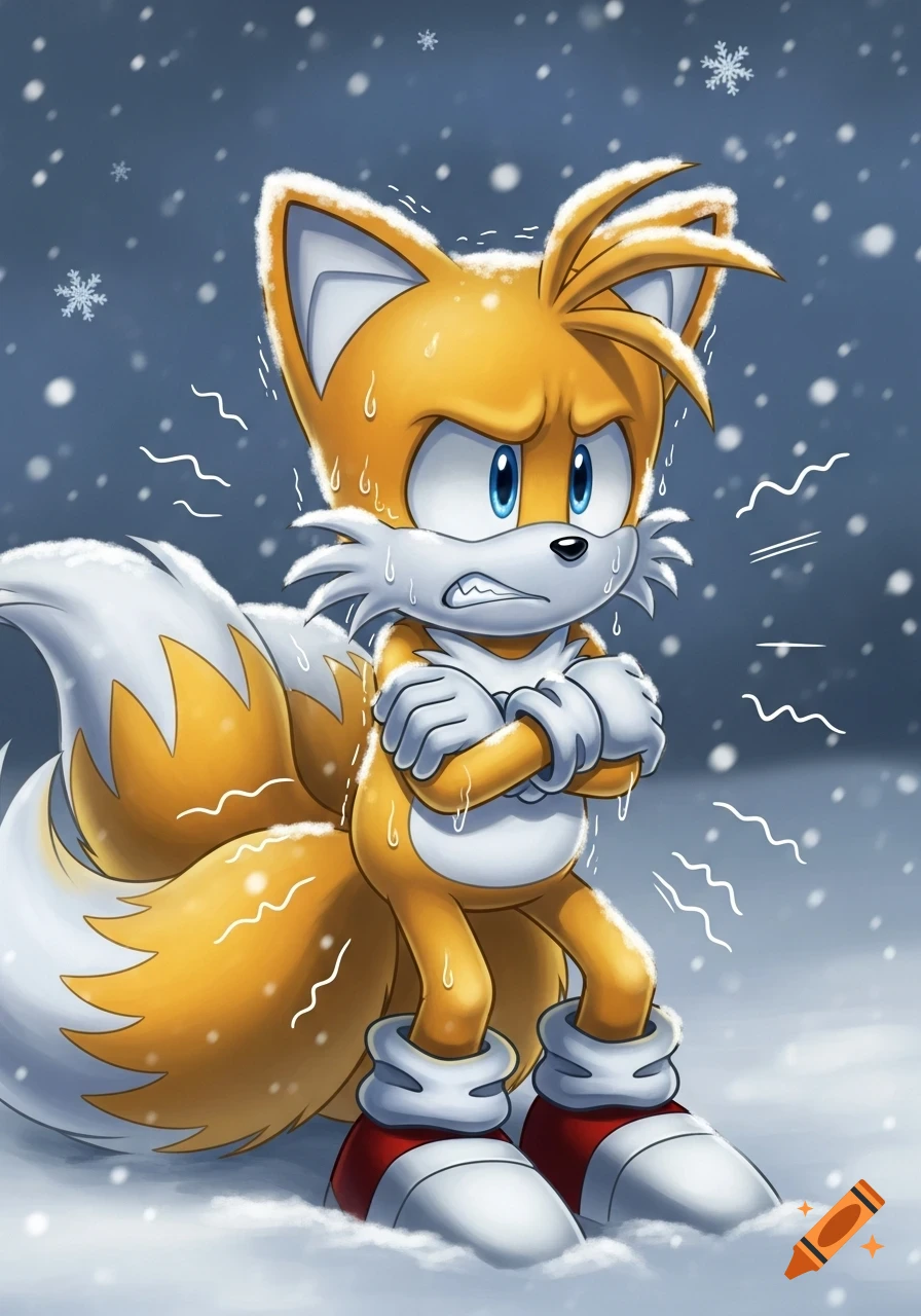 Tails, the two-tailed fox from Sonic, shivers with crossed arms and a distressed expression in falling snow, illustrated in a cartoon style.