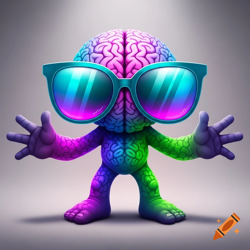 A vibrant, cartoonish brain character with a multi-colored brain texture, wearing stylish blue-framed sunglasses with reflective lenses, standing with arms open on a grey background.