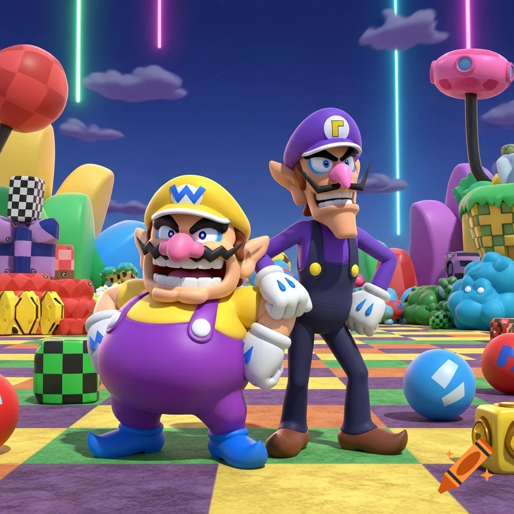 Wario and Waluigi stand on a colorful checkered ground in a vibrant 3D animated fantasy landscape with glowing pillars.