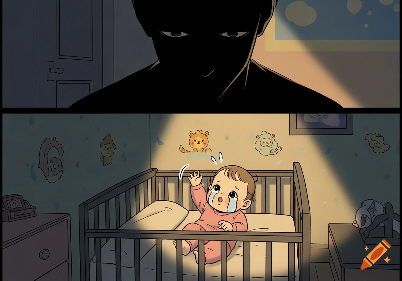 A two-panel comic shows a shadowy figure looming over a crying baby in a crib in a dark bedroom.