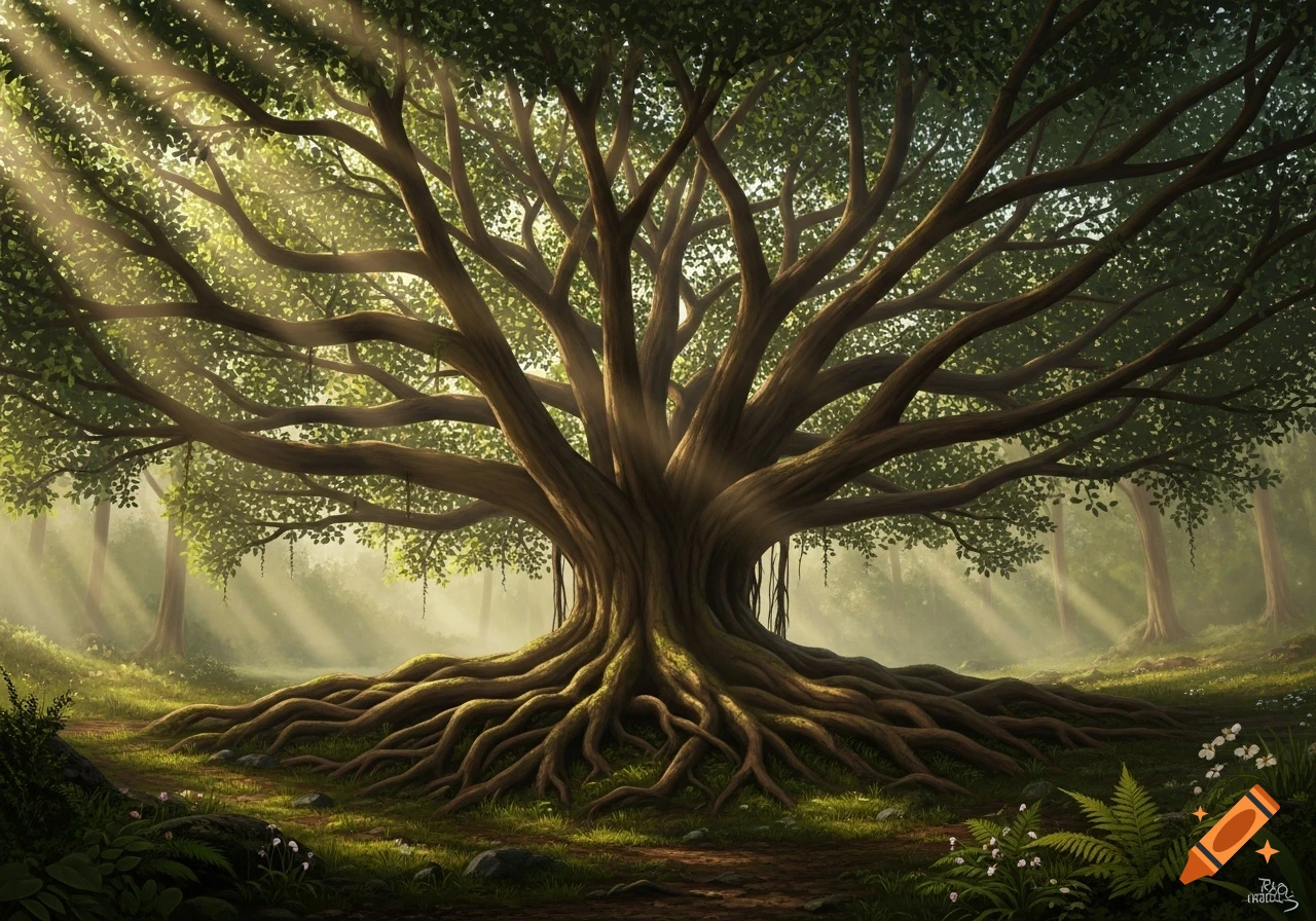 A majestic, ancient tree with sprawling roots in a sun-dappled forest, digital painting.