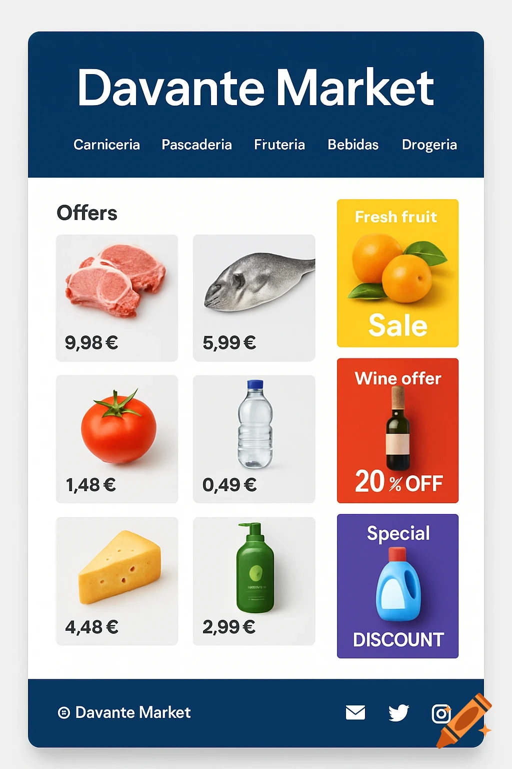 A clean, dark blue and white e-commerce website mock-up for Davante Market, showcasing food and household item offers.
