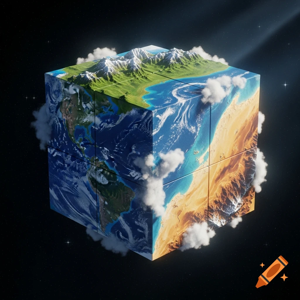 A detailed, cubic Earth floats in dark space, showing continents, oceans, mountains, and deserts on its faces.