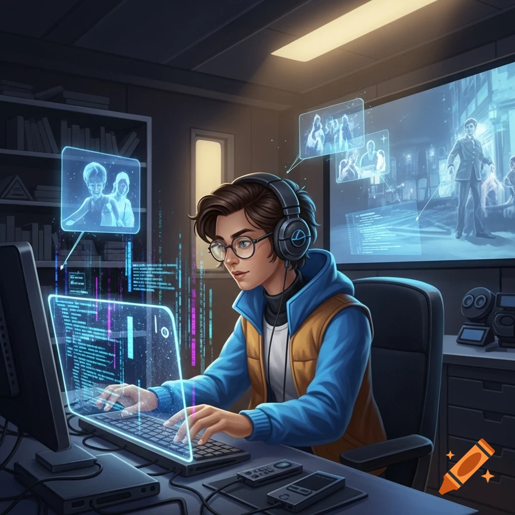 A nonbinary researcher in glasses and headphones types on a holographic keyboard in a dark sci-fi room with multiple glowing screens.