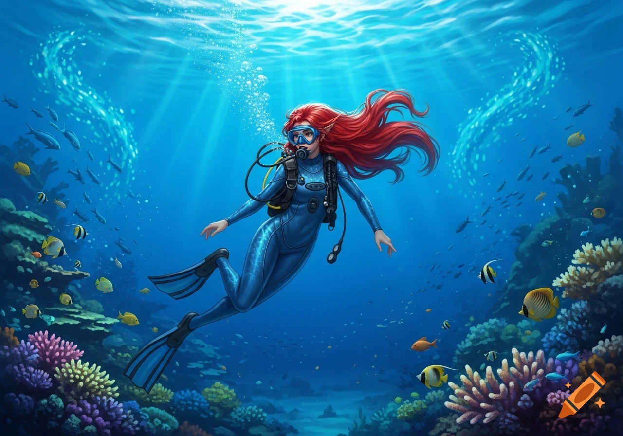 A vibrant fantasy illustration shows a red-haired female scuba diver in a blue wetsuit exploring a sunlit coral reef with colorful fish.