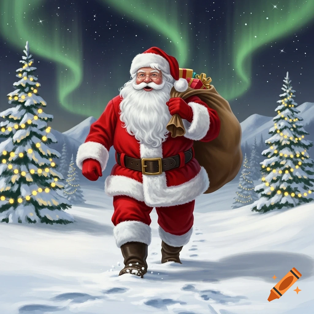 Santa Claus walks through a snowy forest under the aurora borealis, carrying a sack of gifts.