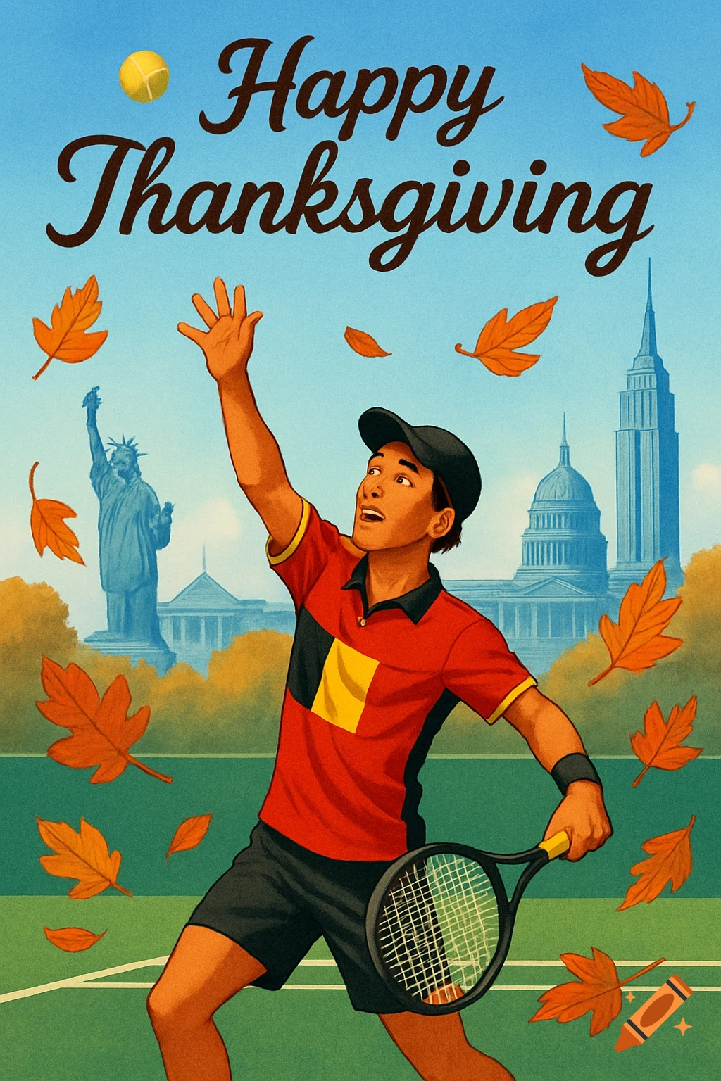 Illustrated 'Happy Thanksgiving' card featuring a tennis player on a court, with US landmarks and autumn leaves.