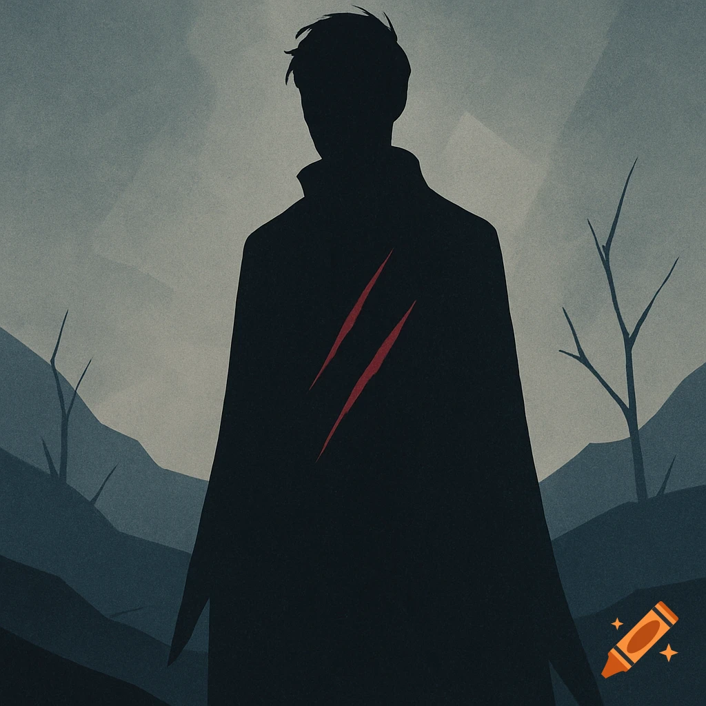 Minimalist illustration of a person's silhouette in a cape with two red claw marks on their back, against a desolate landscape with bare trees.