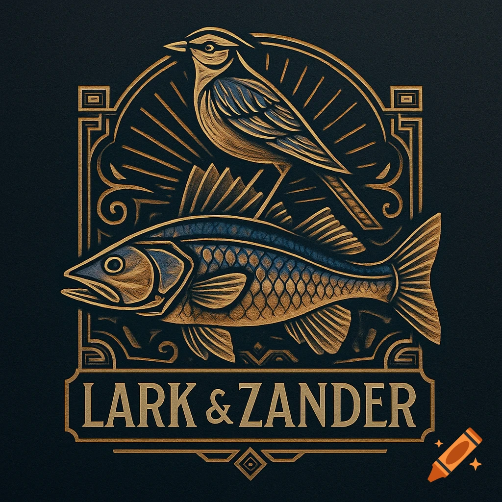 Art Deco style logo featuring a golden lark perched above a blue and gold zander fish, with 'LARK & ZANDER' text below, on a dark background.