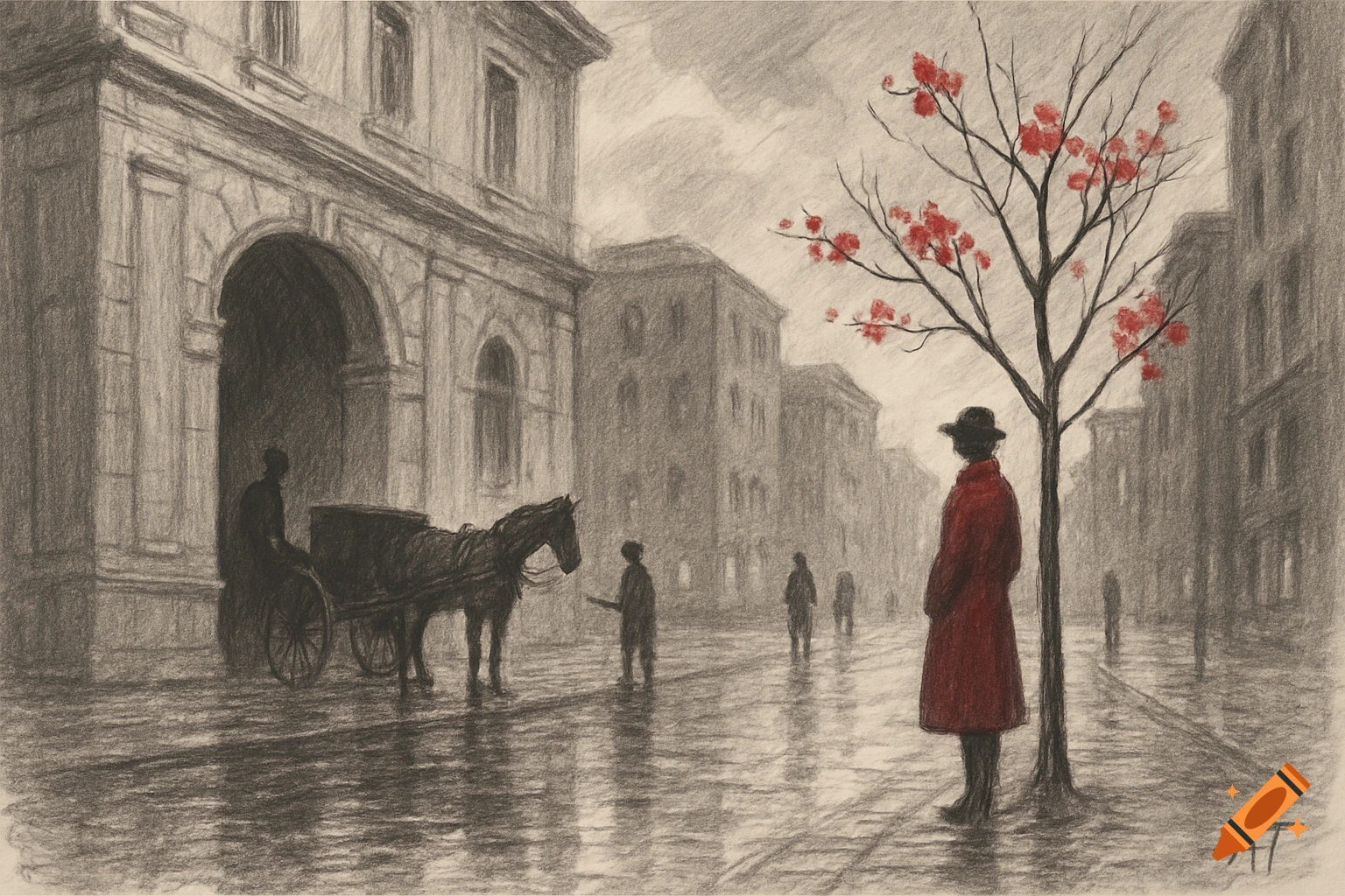 A monochromatic sketch of a wet urban street with a person in a red coat by a tree, and a horse-drawn carriage.