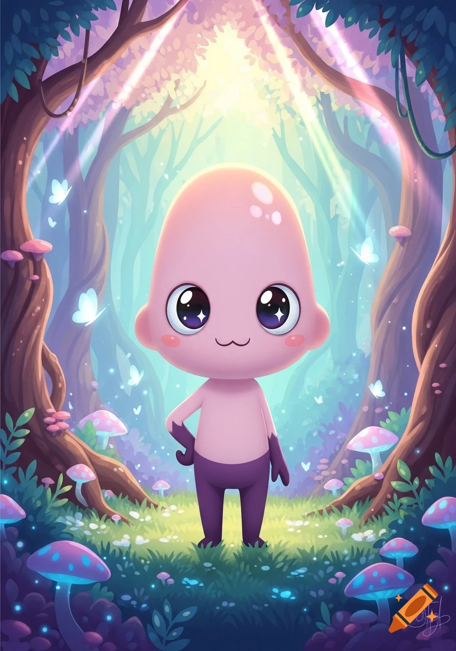 A cute, bald, pink creature with large sparkling eyes stands in a magical forest with glowing mushrooms and butterflies, in a whimsical cartoon style.