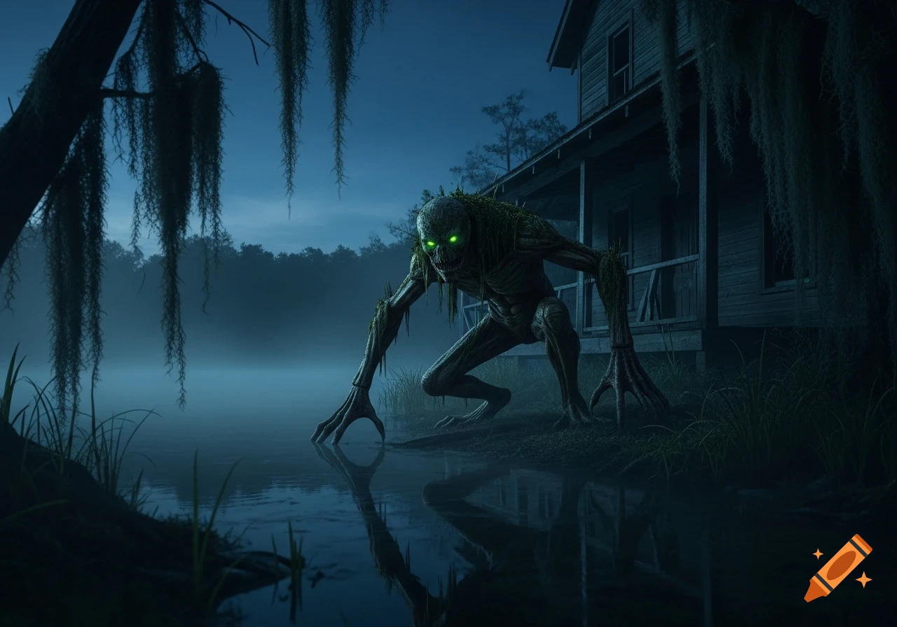 A creepy, green-eyed swamp monster crouches by misty water near an old house at dusk with Spanish moss.