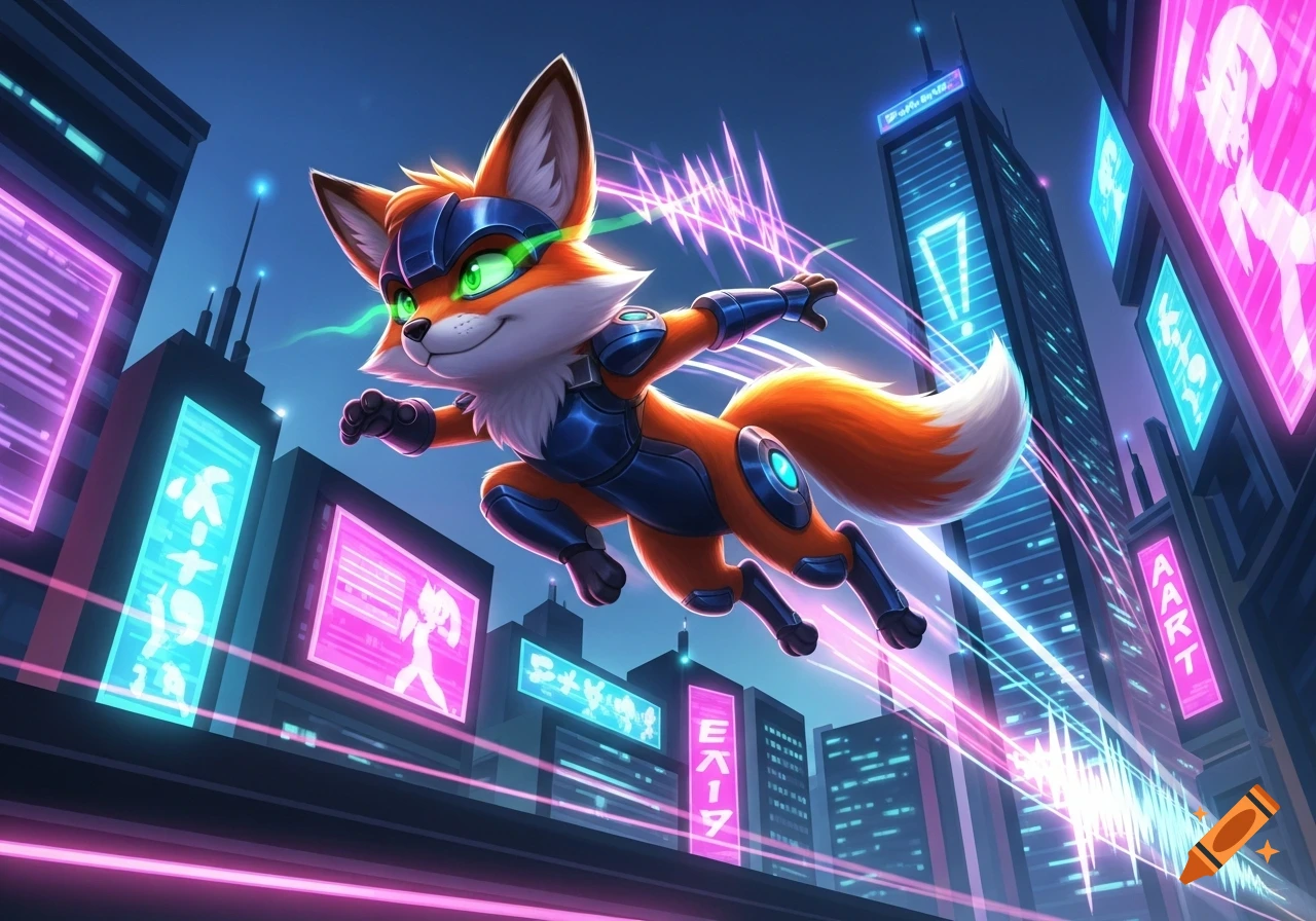 A stylized orange fox in blue futuristic armor flies through a vibrant neon cyberpunk city at night.