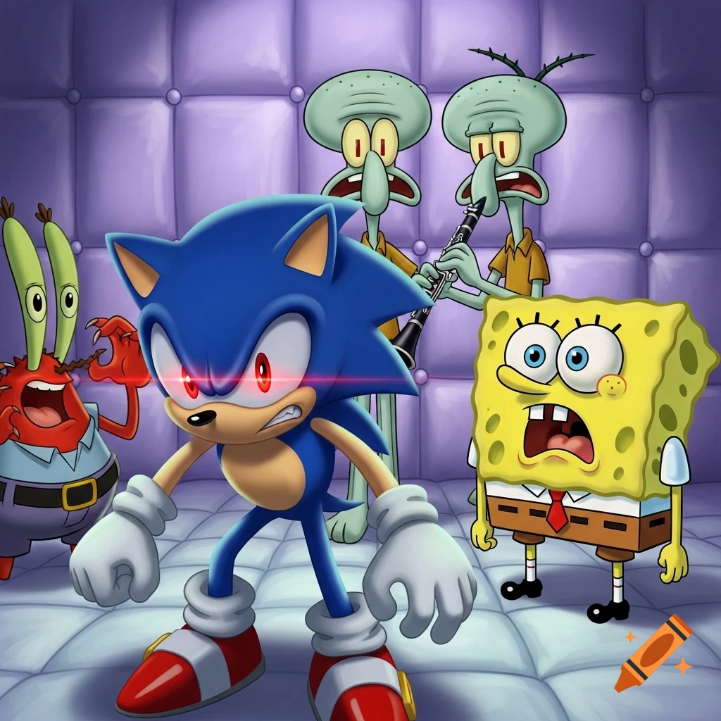 Angry Sonic.EXE with red eyes stands with scared Spongebob, Mr. Krabs, and two Squidwards, one playing a clarinet, in a padded room.