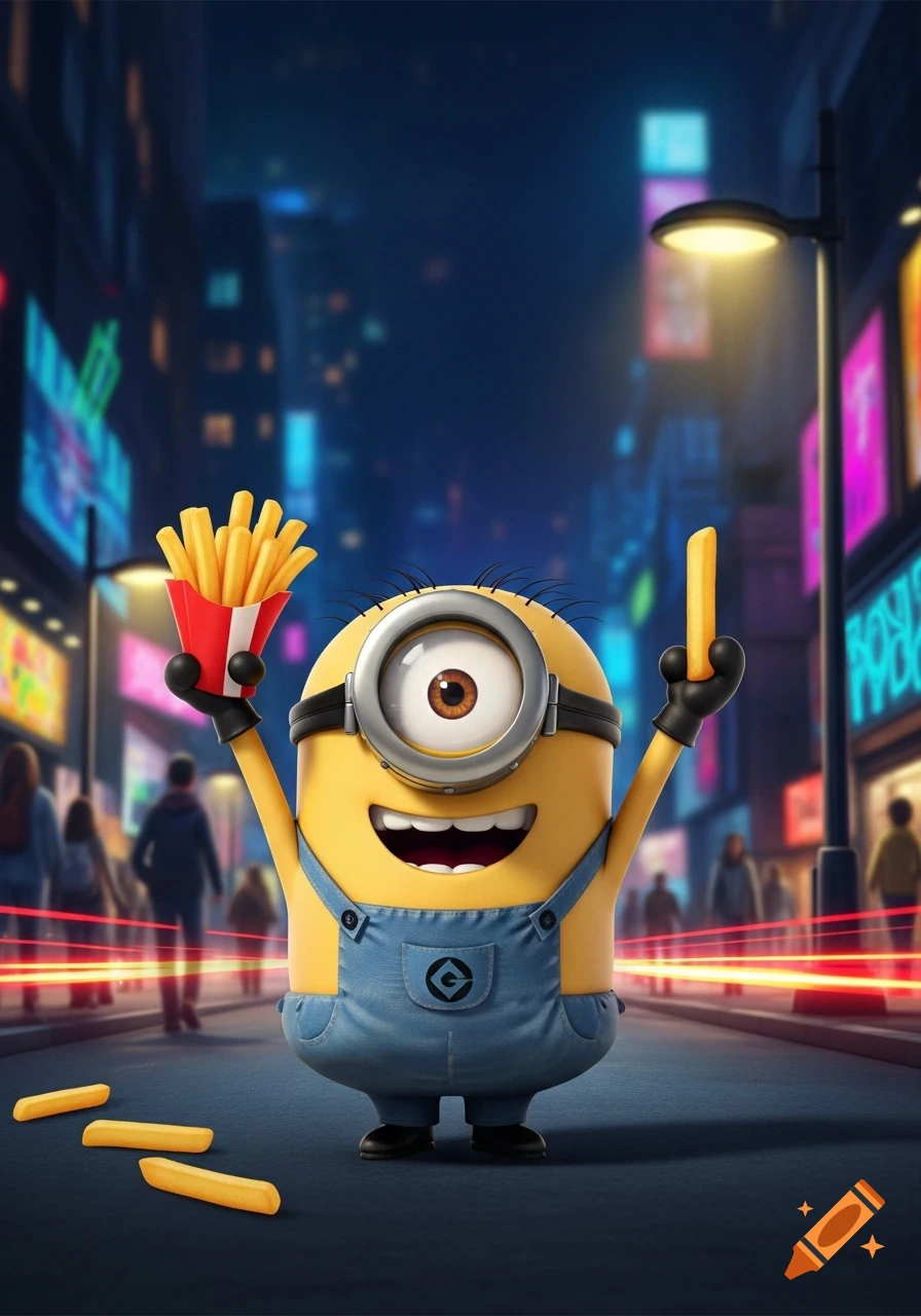 A happy Minion holds a red carton of French fries and a single French fry, standing on a dark city street at night.