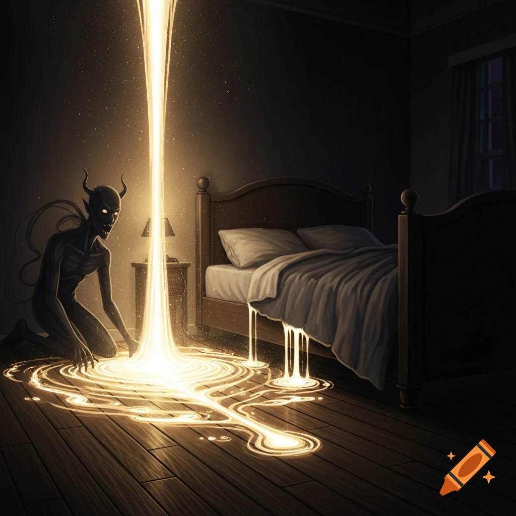 A horned sleep paralysis demon kneels in a dark bedroom as a bright beam of light pours down, spreading across the floor and dripping from the bed.