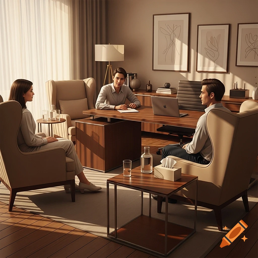 A therapist sits at a desk with two clients in a warm, inviting office, having a calm discussion.