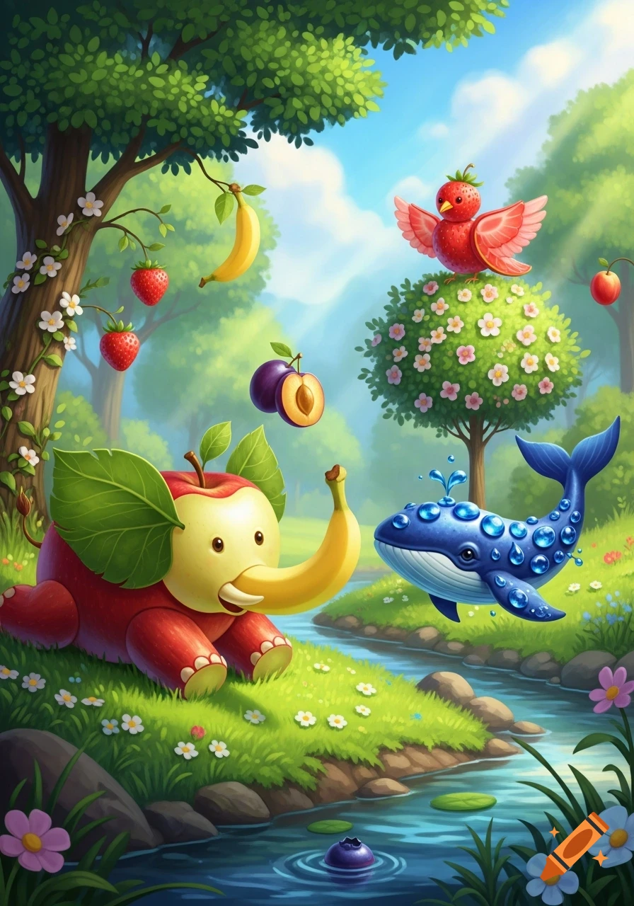 A whimsical cartoon landscape with an apple elephant, strawberry bird, and blueberry whale in a stream, surrounded by fruit trees and flowers.