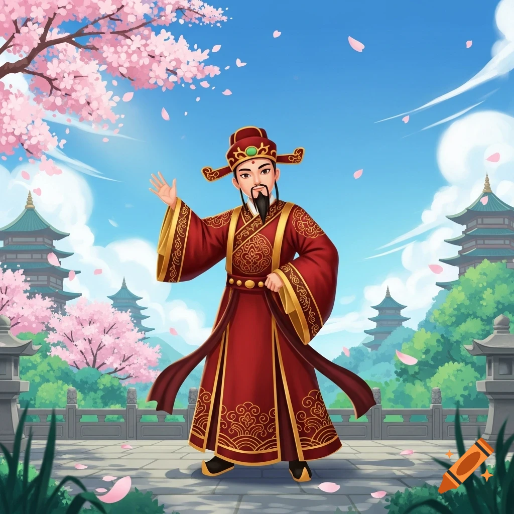 A cartoon man in a red traditional Chinese robe and hat raises his hand in a scenic garden with cherry blossoms and pagodas.