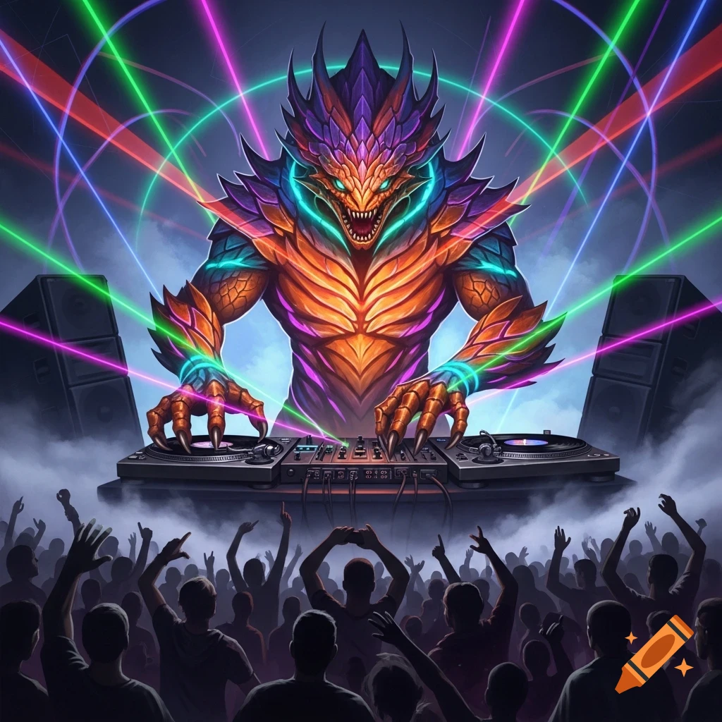 A vibrant, colorful reptilian monster with glowing eyes DJs on turntables, surrounded by neon laser lights, above a silhouetted crowd at a rave.